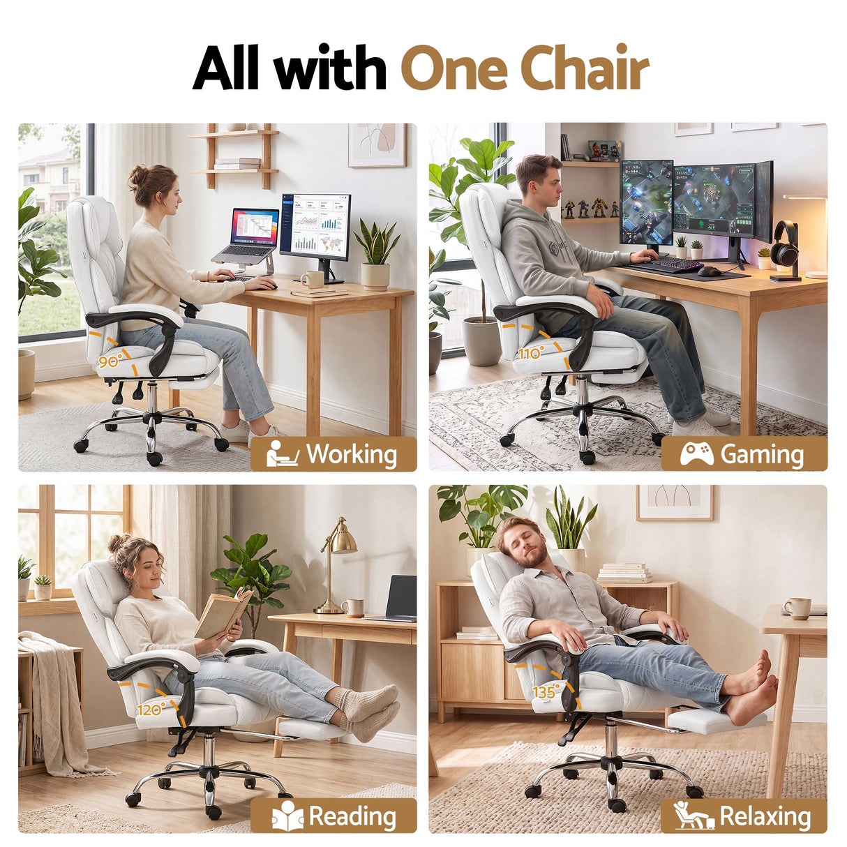 Office Chair Fabric & Foam White Adjustable Height