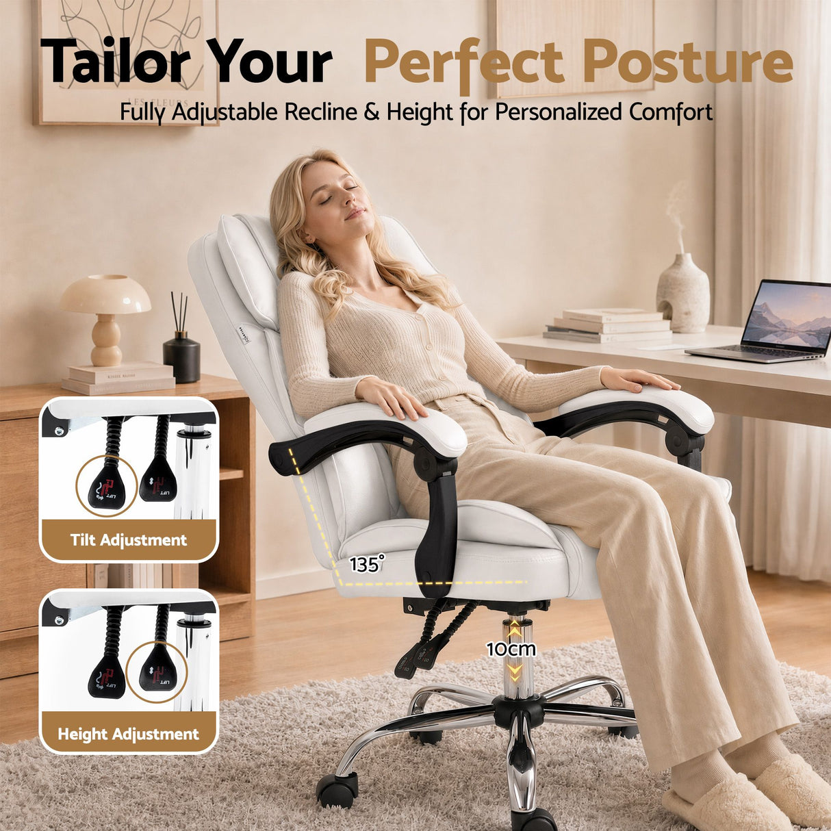 Office Chair Fabric & Foam White Adjustable Height