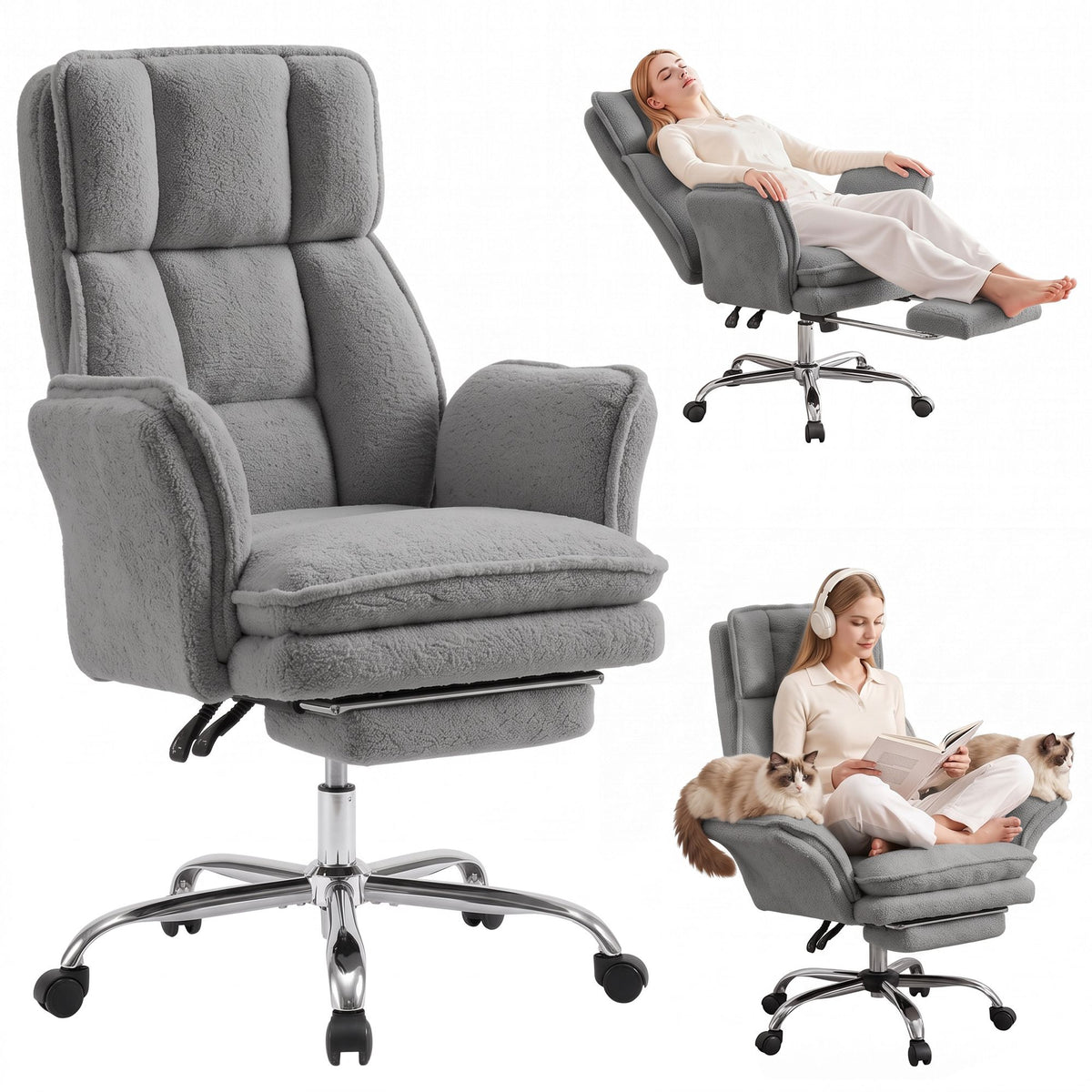 Artiss Big & Tall Criss Cross Office Chair with Flip Armrests Foot Rest Reclining Teddy Fleece Grey