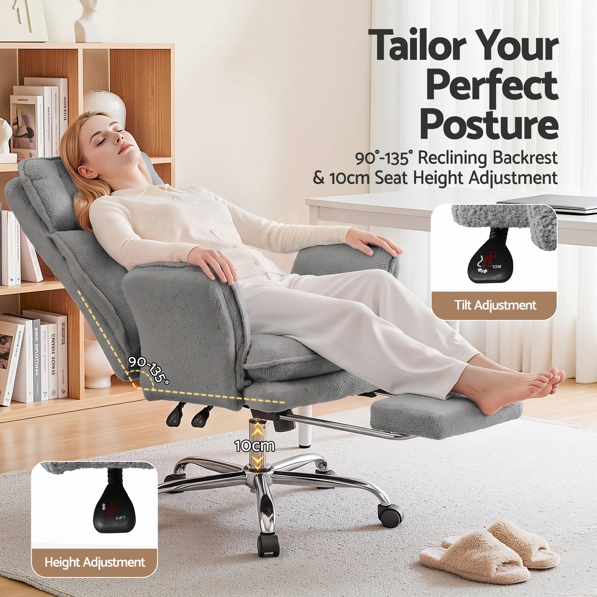 Artiss Big & Tall Criss Cross Office Chair with Flip Armrests Foot Rest Reclining Teddy Fleece Grey