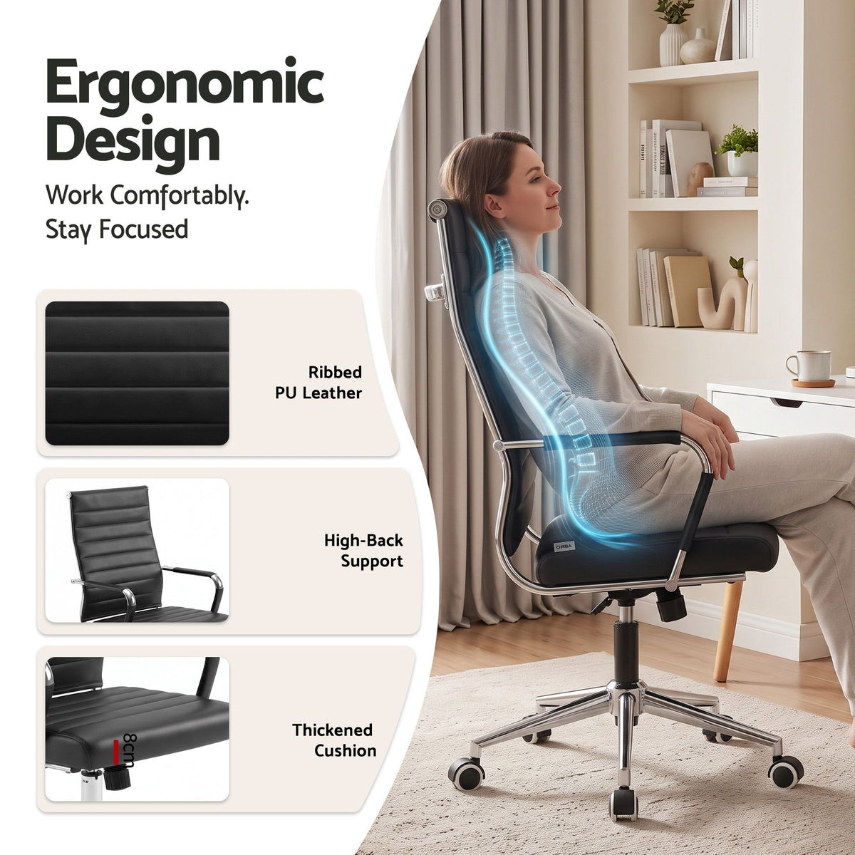 Artiss Conference Office Chair Swivel Computer Chair High Back Ribbed PU Leather Black