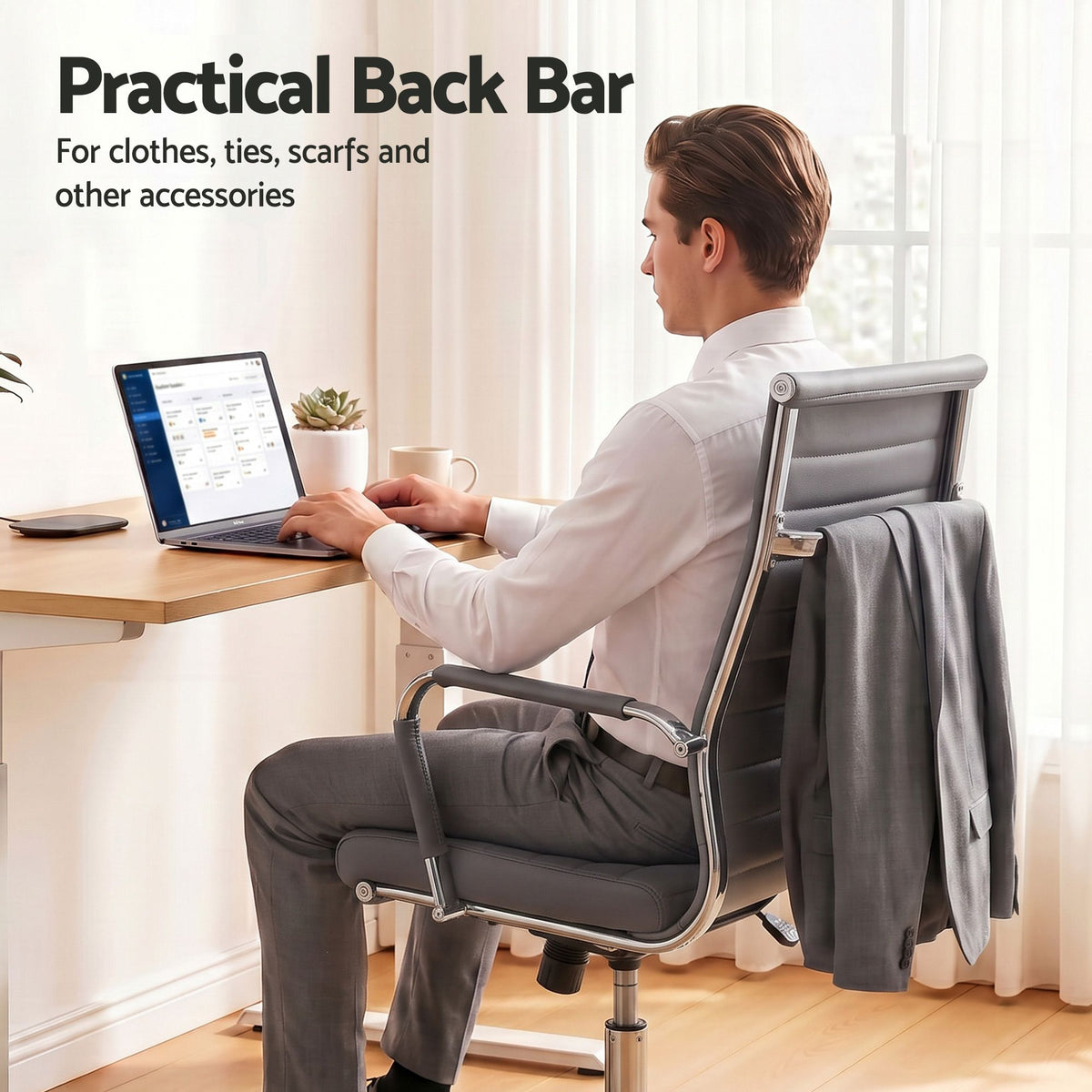 Artiss Conference Office Chair Swivel Computer Chair High Back Ribbed PU Leather Grey