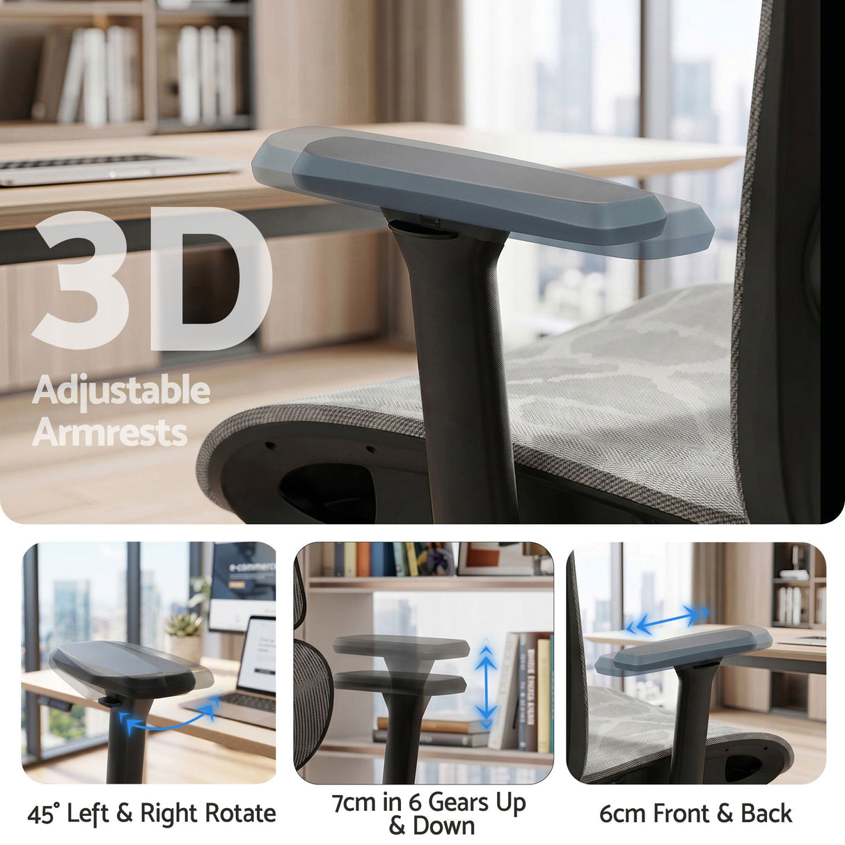 Office Chair 3D Multi-Function Grey Mesh