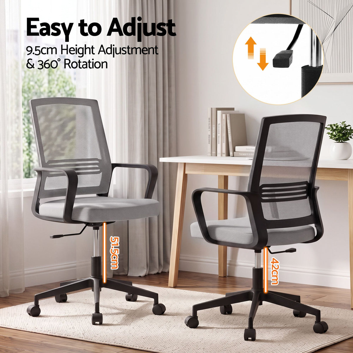 Artiss 2x Ergonomic Office Chair Mesh Mid Back Home Office Desk Chairs with Lumbar Support Grey