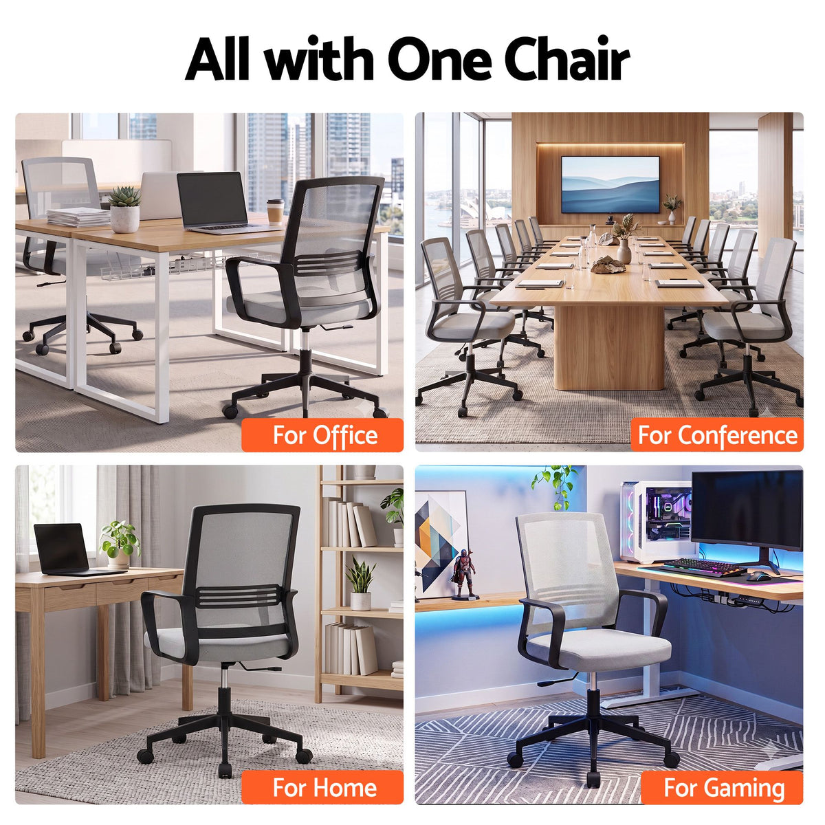Artiss 2x Ergonomic Office Chair Mesh Mid Back Home Office Desk Chairs with Lumbar Support Grey