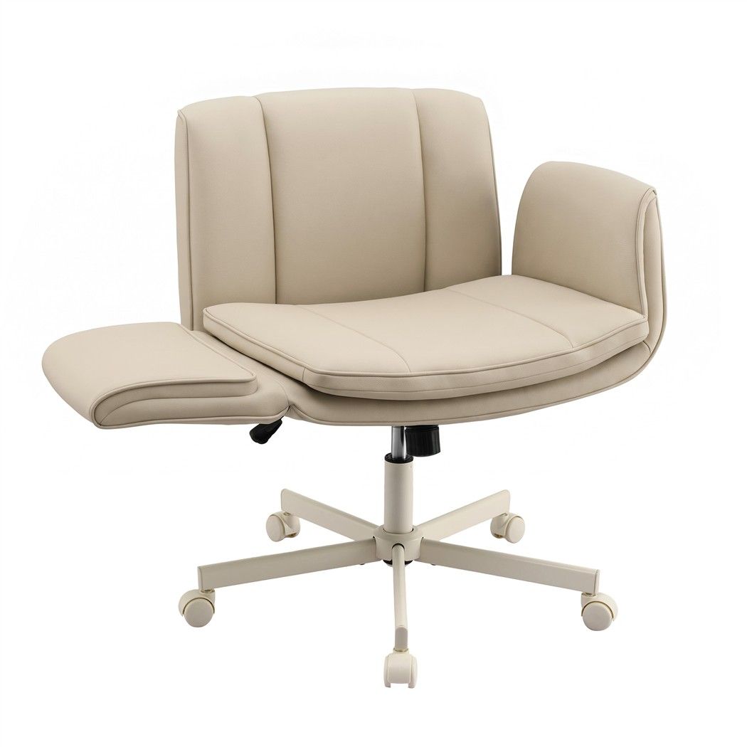 Artiss Cross Legged Office Chair PU Leather Swivel Vanity Chair Wide Seat Adjustable Arms Beige