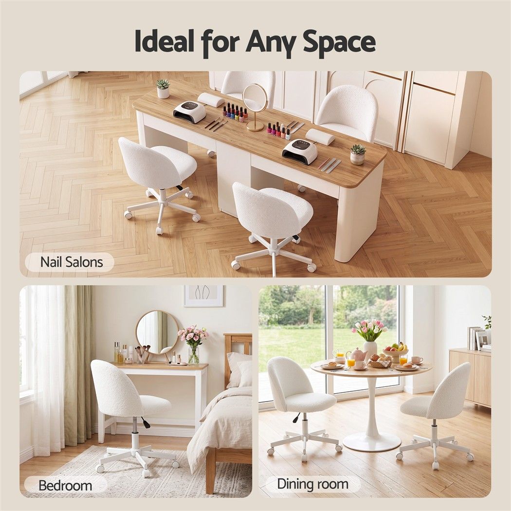 Artiss Office Chair Armless Swivel Vanity Desk Chair with Wheels Teddy Fleece White