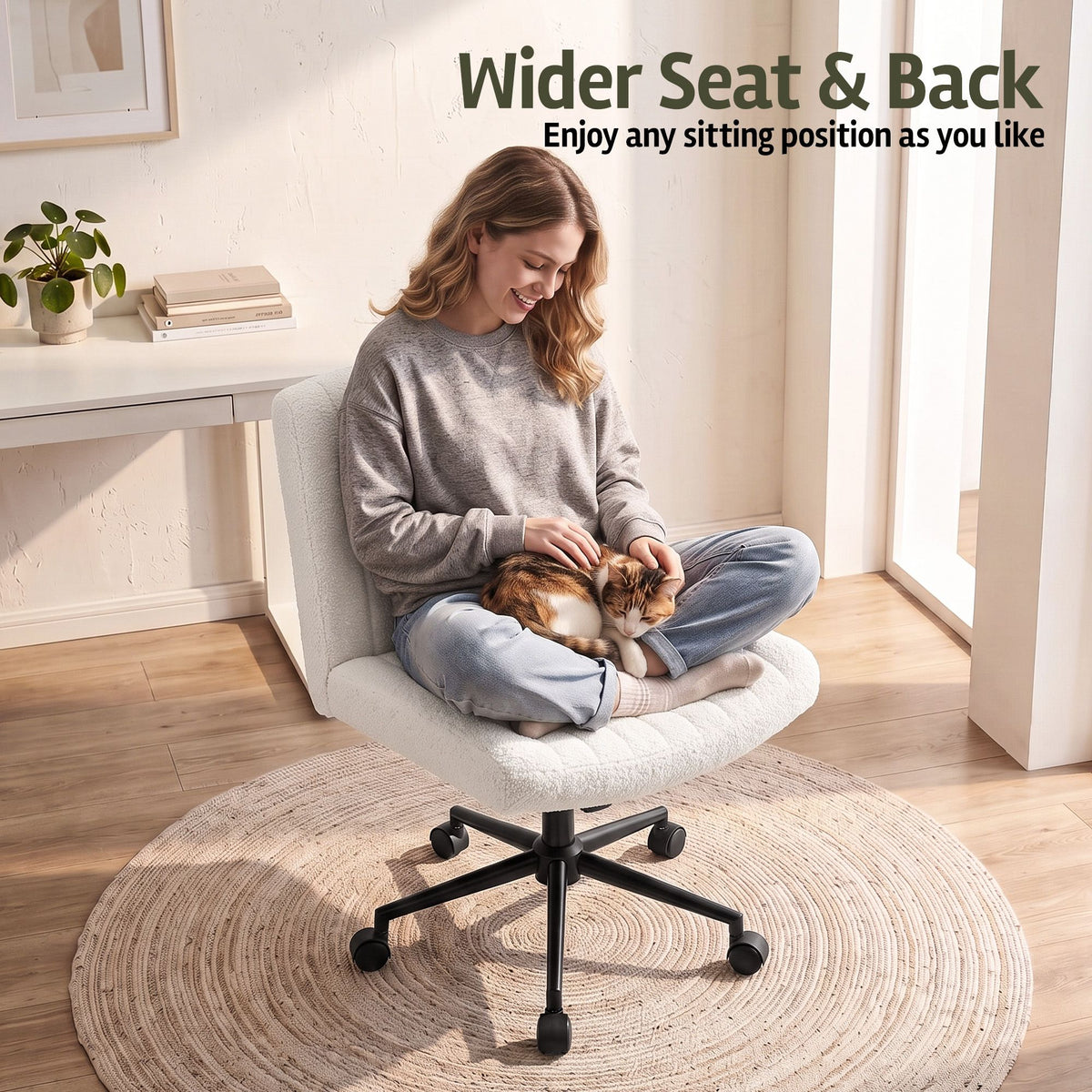 Artiss Armless Cross Legged Office Chair Wide Seat Vanity Chair Teddy Fleece Beige