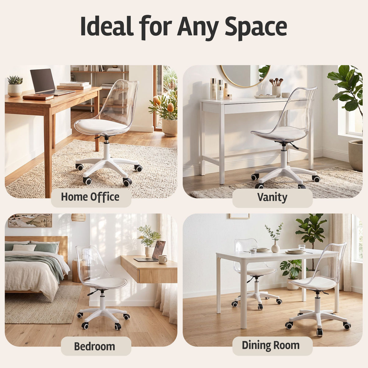 Artiss Clear Acrylic Office Chair Armless Swivel Vanity Desk Chair Mondern White