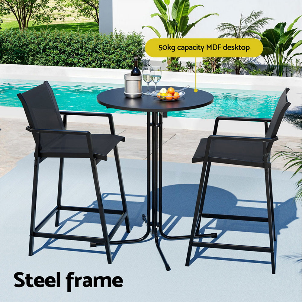 Gardeon 3PC Outdoor Bar Set Stools Dining Chairs Table Patio Furniture Bistro Set Steel Black