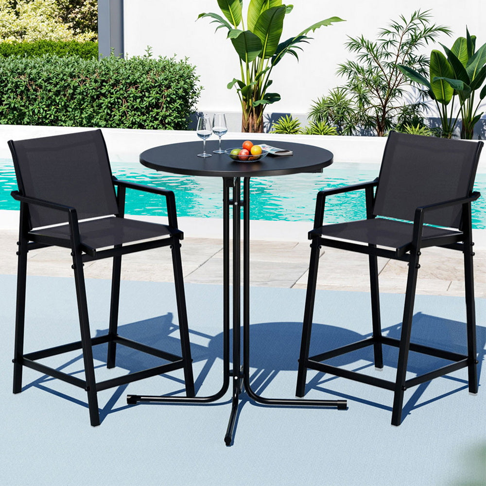Gardeon 3PC Outdoor Bar Set Stools Dining Chairs Table Patio Furniture Bistro Set Steel Black