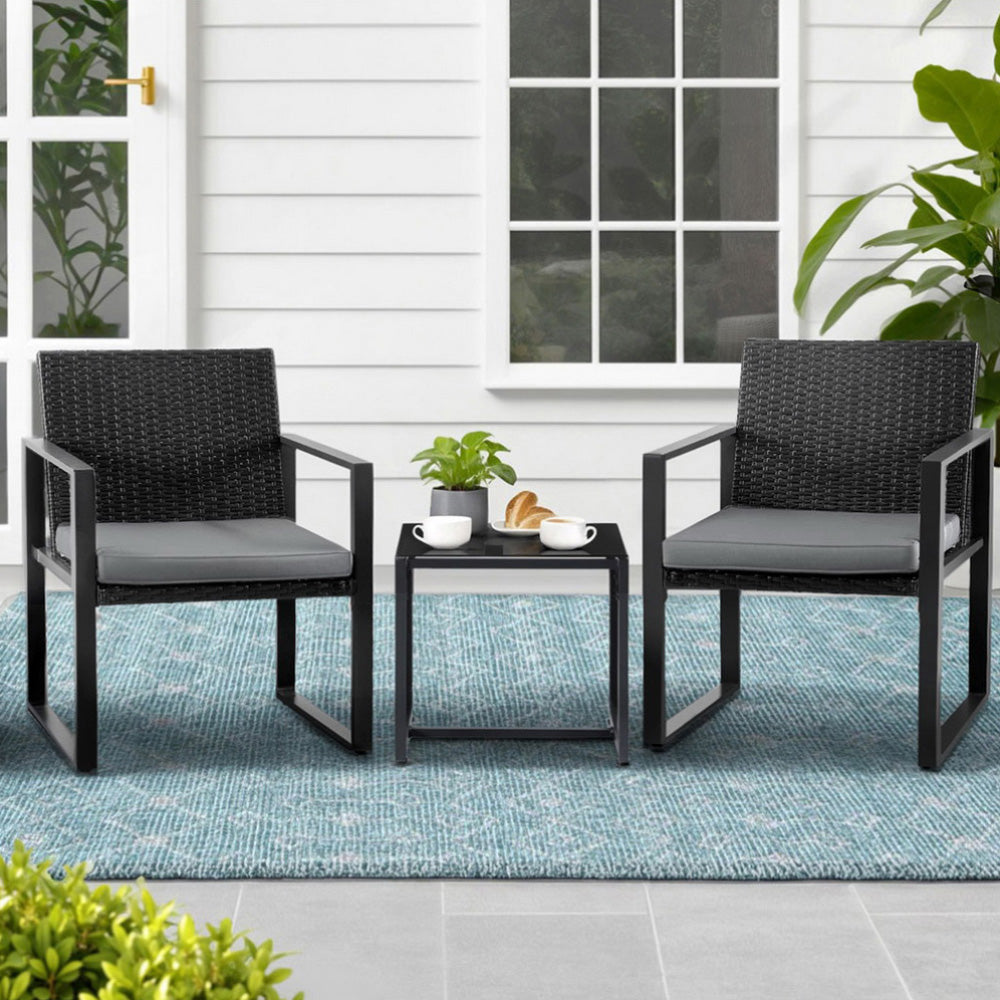 Gardeon 3PC Bistro Set Outdoor Furniture Rattan Table Chairs Patio Garden Cushion Black