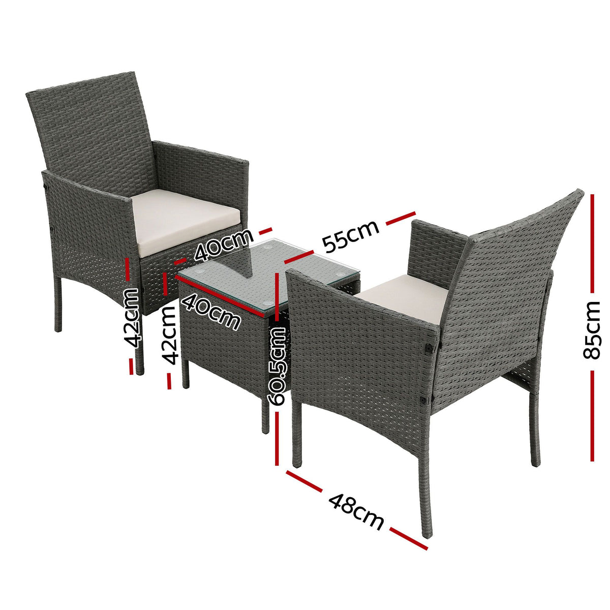 Gardeon 3PC Outdoor Bistro Set Patio Furniture Wicker Setting Chairs Table Cushion Grey