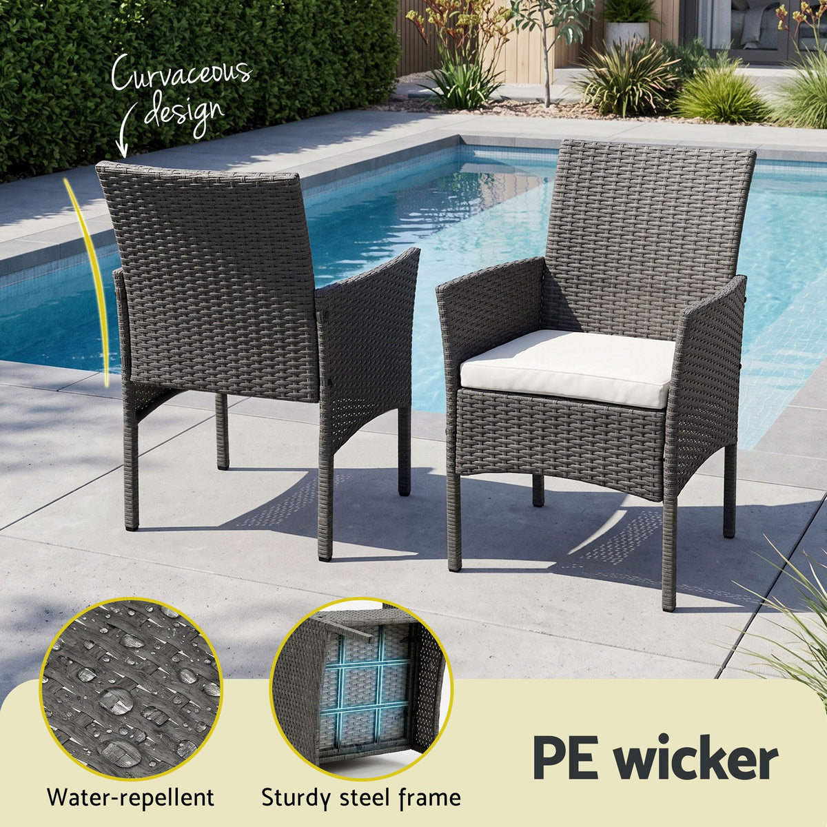 Gardeon 3PC Outdoor Bistro Set Patio Furniture Wicker Setting Chairs Table Cushion Grey