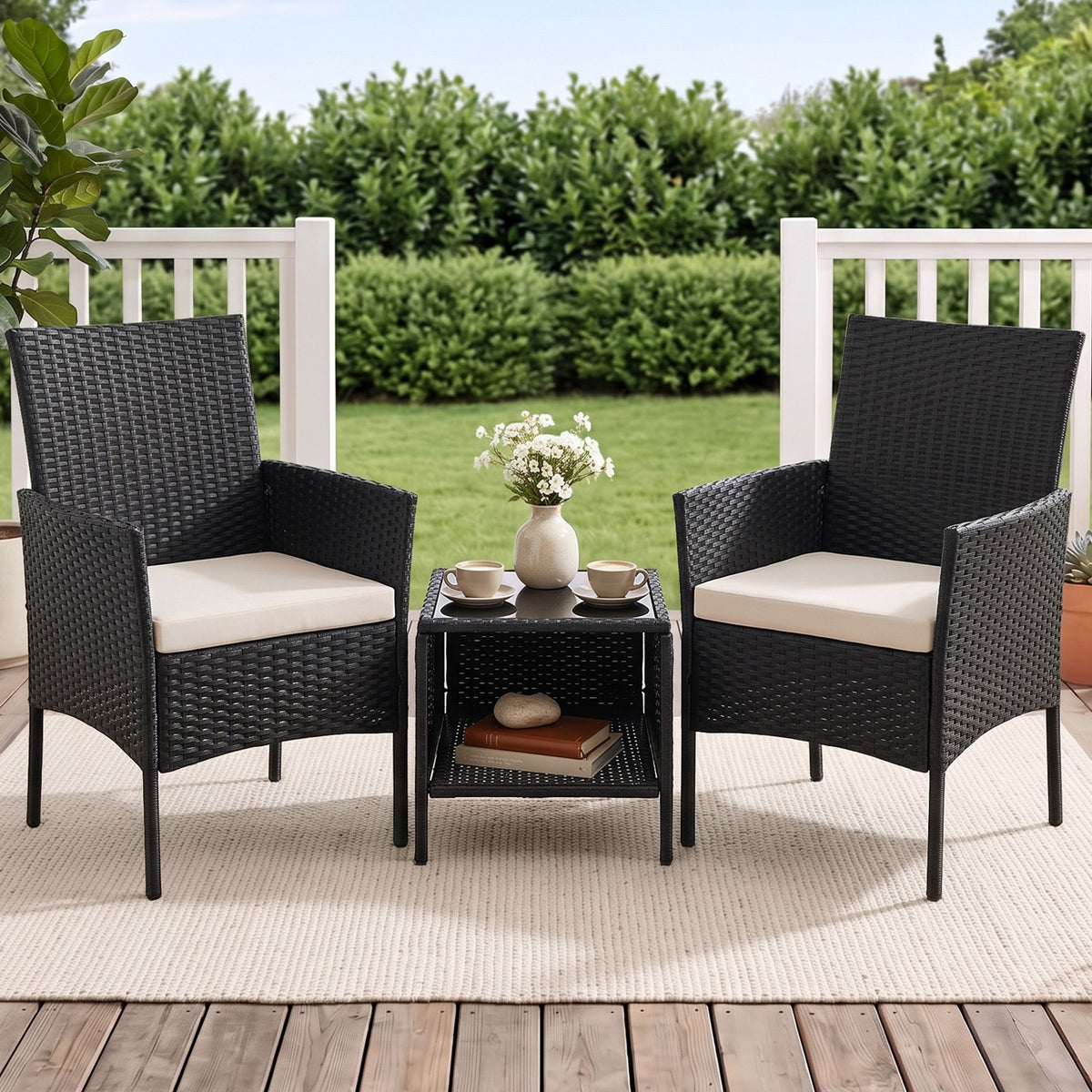 Gardeon 3PC Outdoor Bistro Set Patio Furniture Wicker Chairs Table Cushion All Black