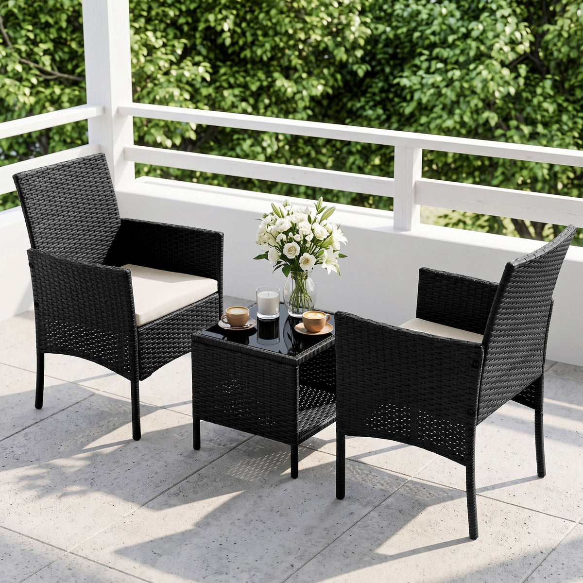 Gardeon 3PC Outdoor Bistro Set Patio Furniture Wicker Chairs Table Cushion All Black