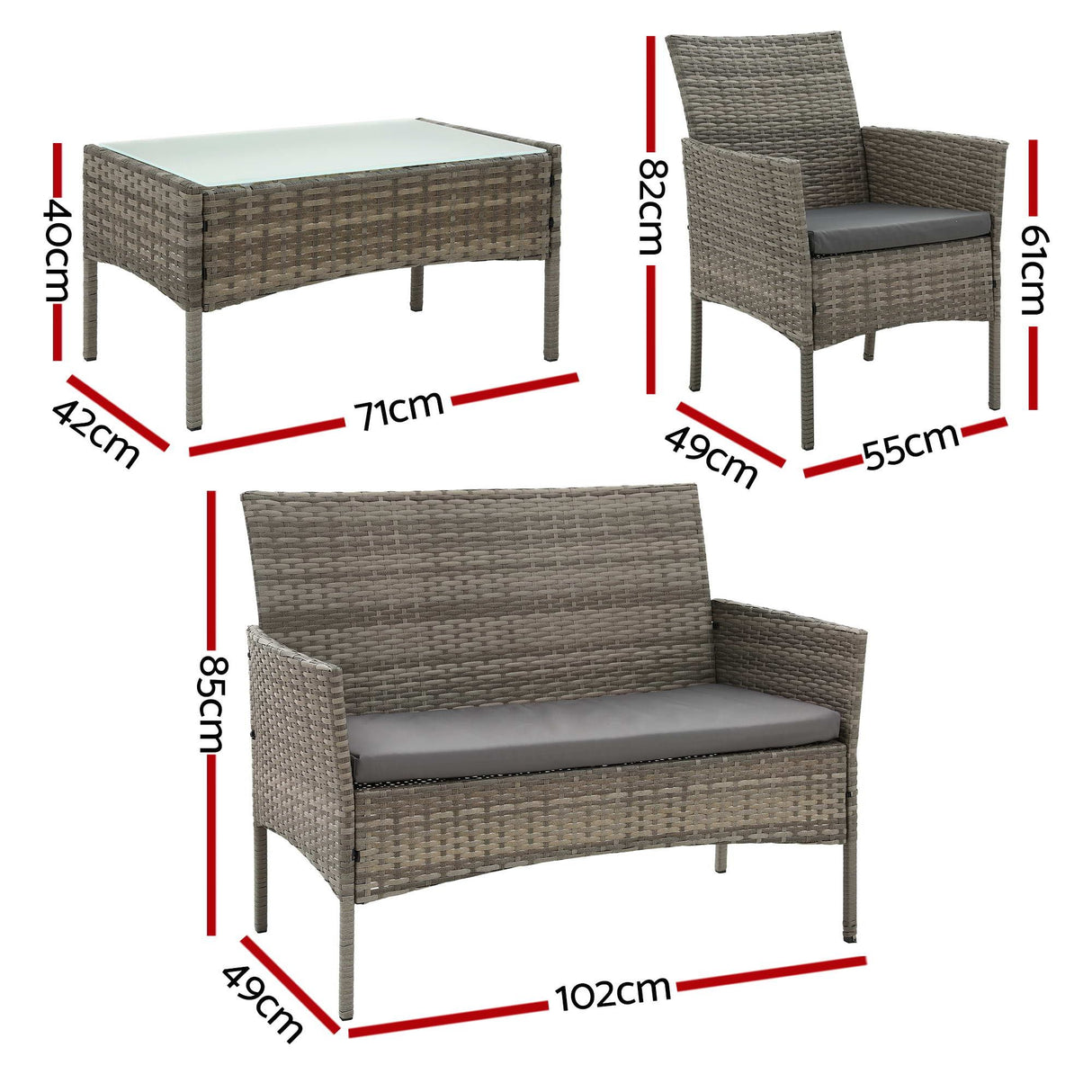 Gardeon 4-Piece Outdoor Sofa Set with Two Pillows Rattan Furniture Grey