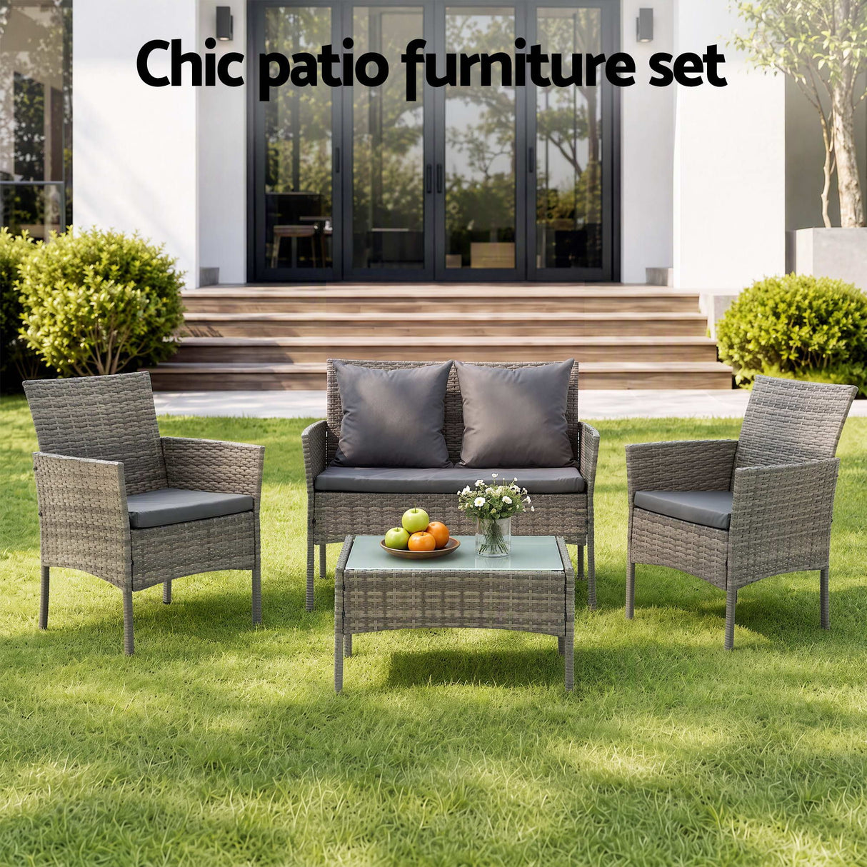 Gardeon 4-Piece Outdoor Sofa Set with Two Pillows Rattan Furniture Grey