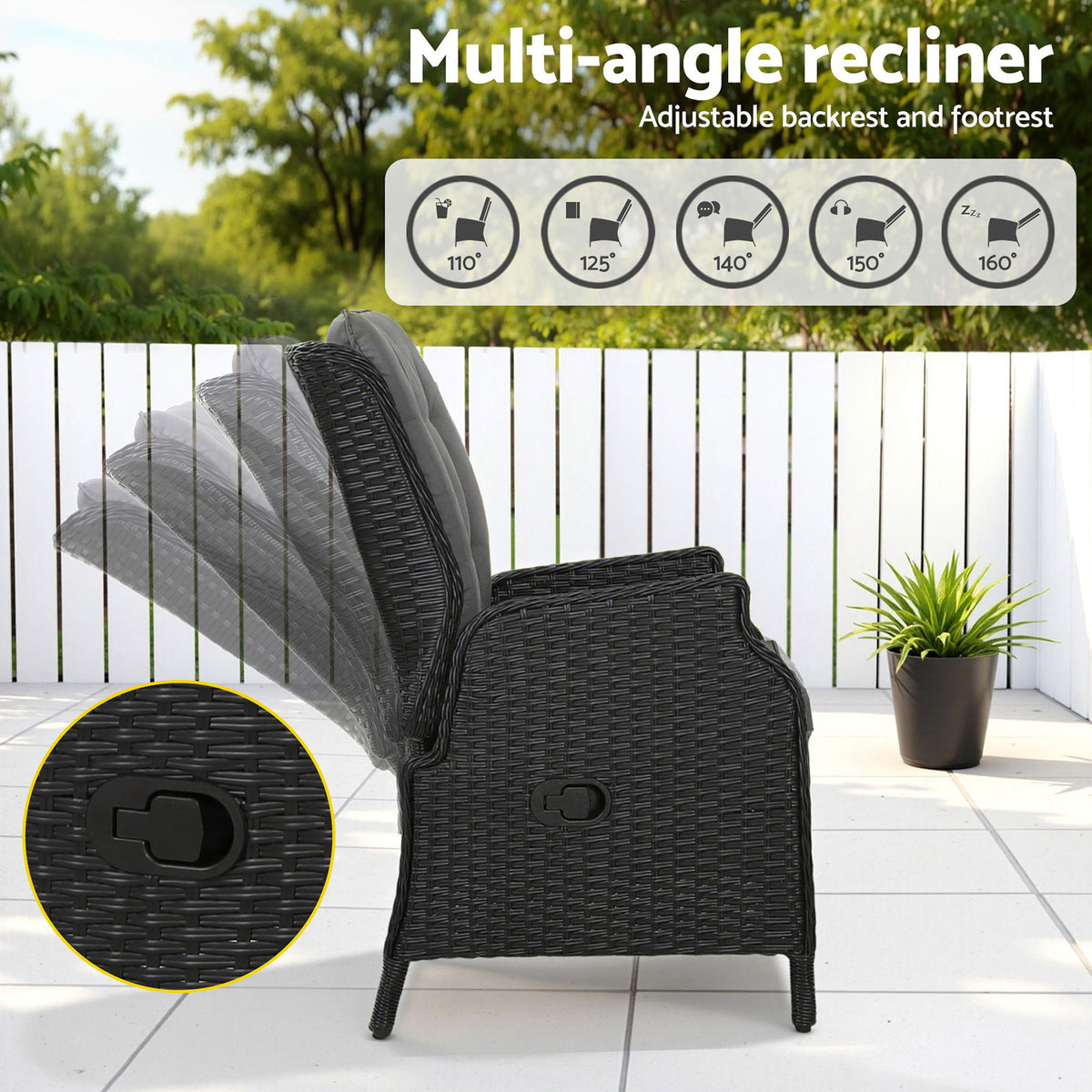 Gardeon Sun lounge Wicker Lounger Outdoor Furniture Patio Adjustable Black
