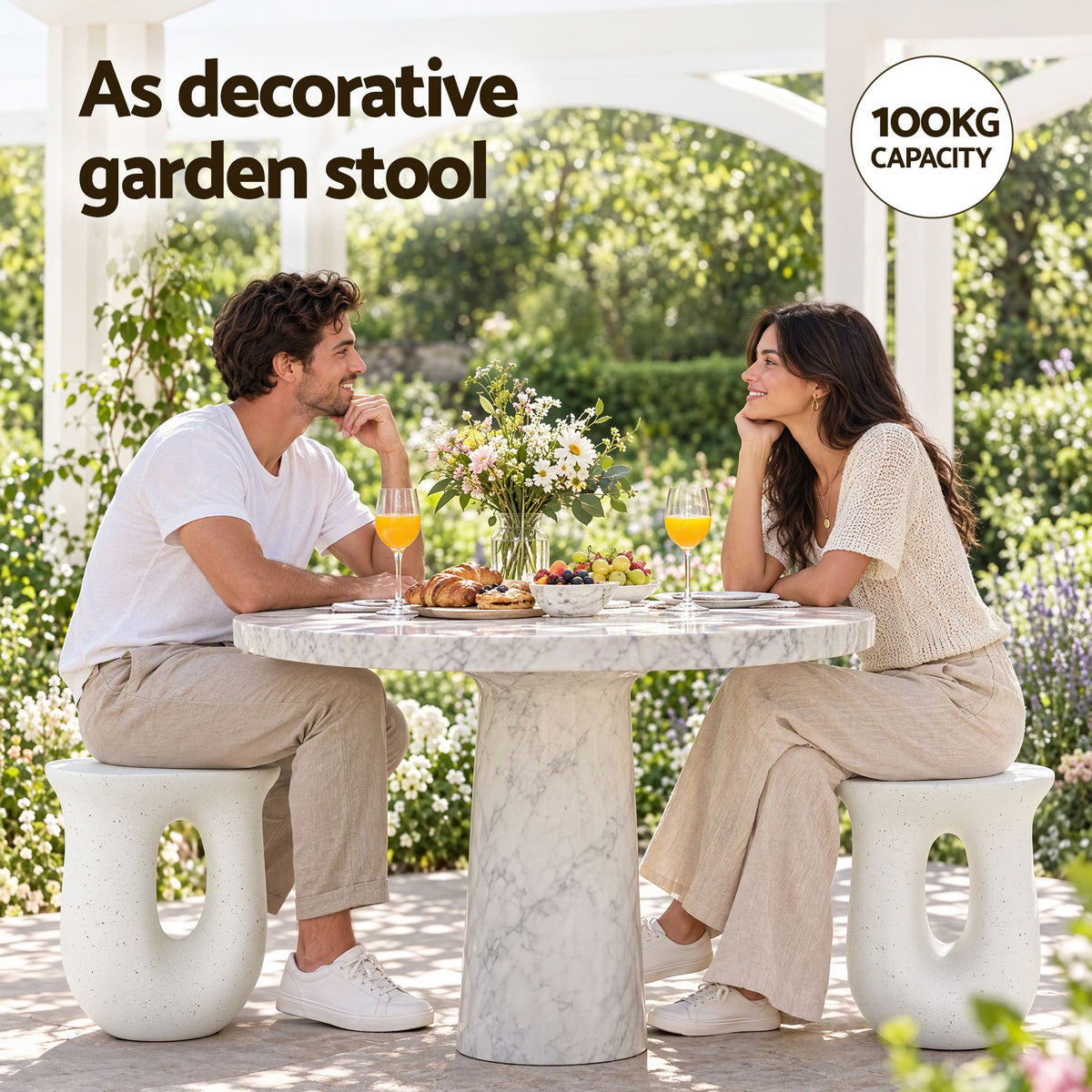 Gardeon Outdoor Side Table MGO Arch Cutout Garden Stool Stone Look White