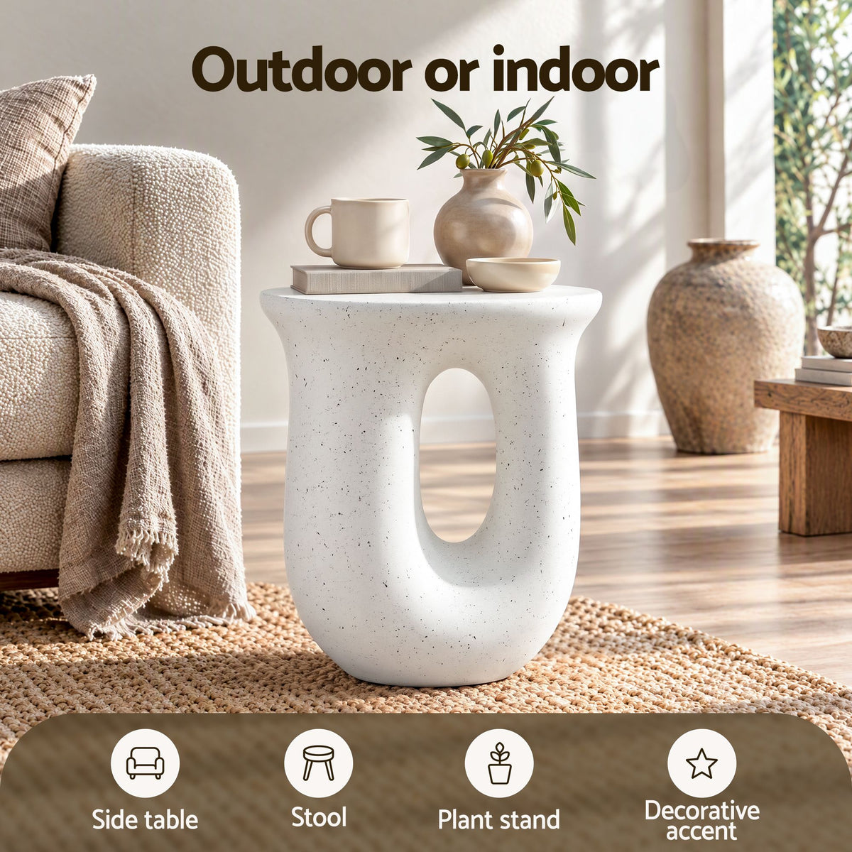 Gardeon Outdoor Side Table MGO Arch Cutout Garden Stool Stone Look White