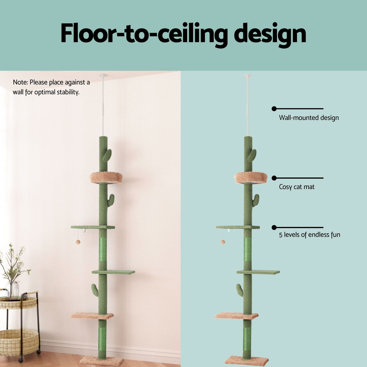 i.Pet Cat Tree Tower Scratching Post Scratcher Floor to Ceiling Cats Bed 290cm