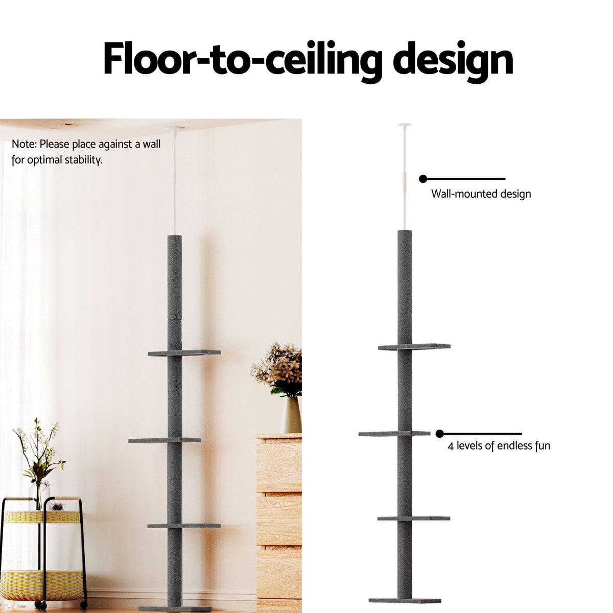 i.Pet Cat Tree 290cm Tower Scratching Post Scratcher Floor to Ceiling Cats Bed Grey
