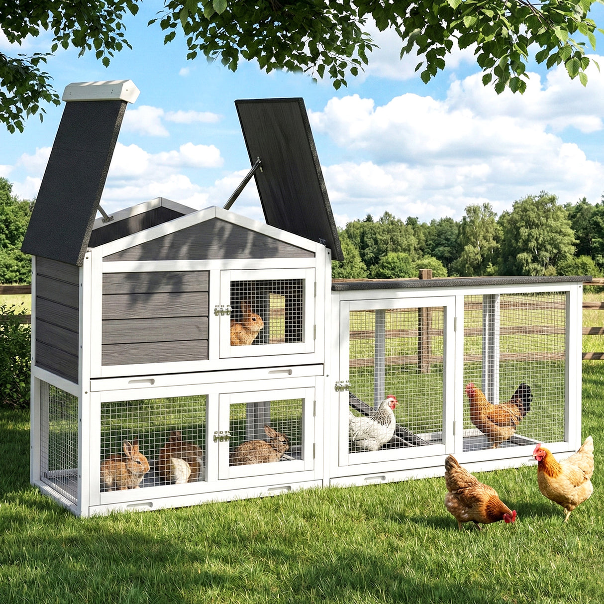 i.Pet Chicken Coop Rabbit Hutch Extra Large Wooden Run Cage House With Run Cage