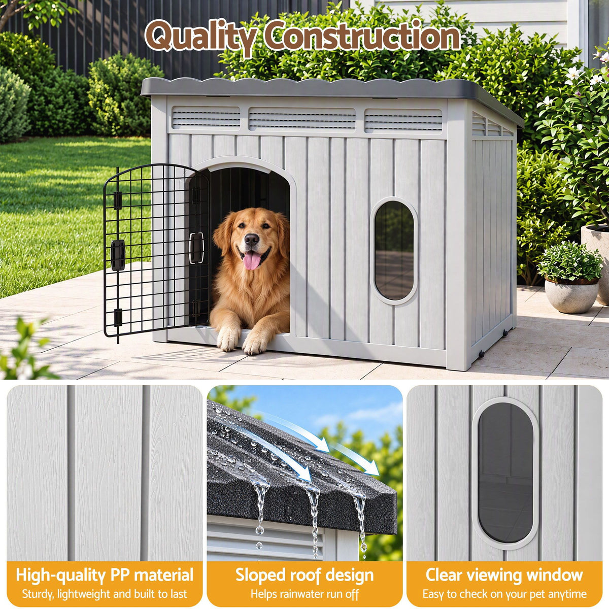 i.Pet 109cm Large Dog House Outdoor Pet Kennel with Metal Door Grey