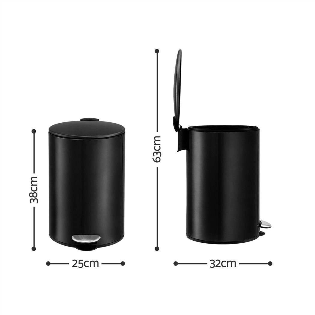Cefito 12L Pedal Bin Rubbish Waste Bin Soft Close Lid Kitchen Bathroom Black