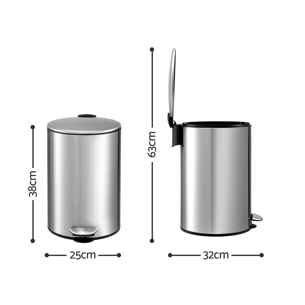 Cefito 12L Pedal Bin Rubbish Waste Bin Soft Close Lid Kitchen Bathroom Silver