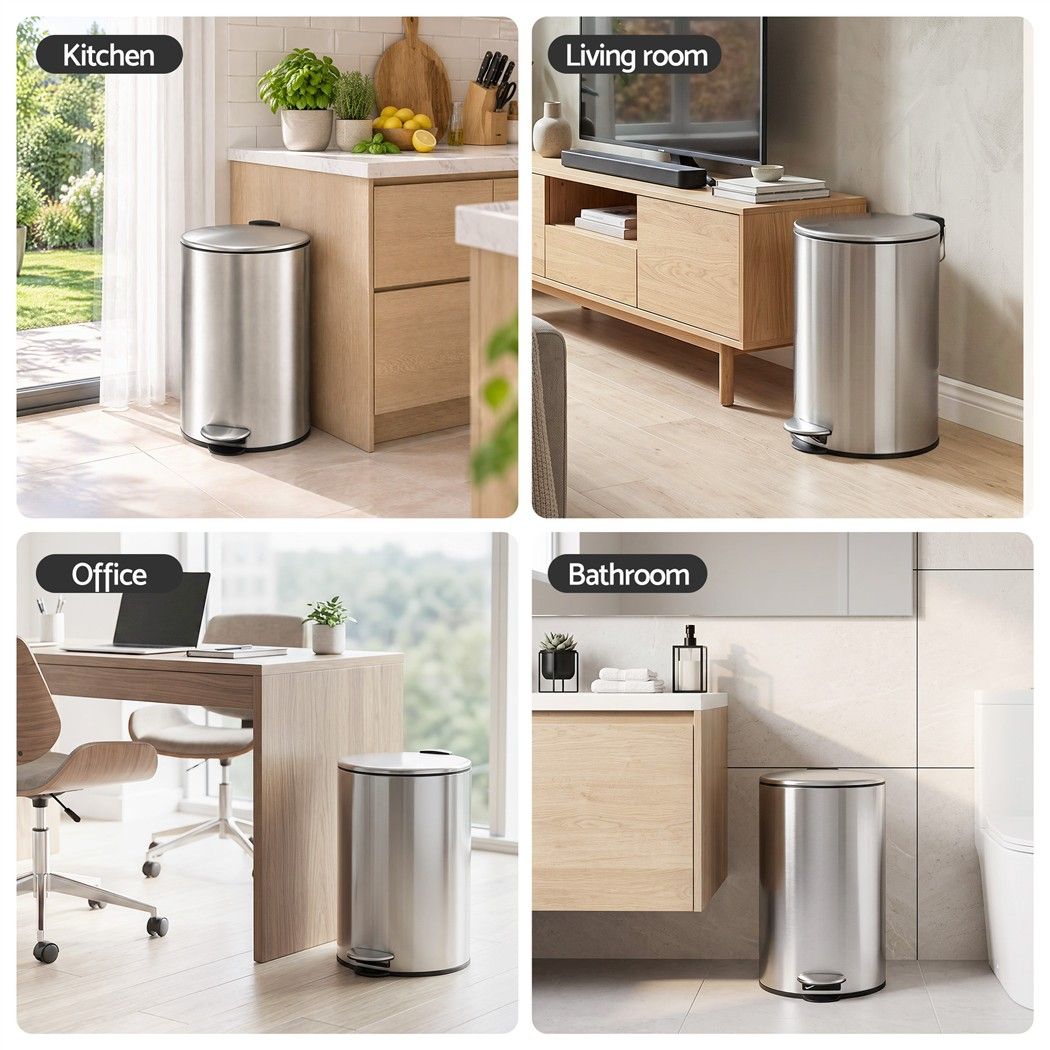 Cefito 12L Pedal Bin Rubbish Waste Bin Soft Close Lid Kitchen Bathroom Silver