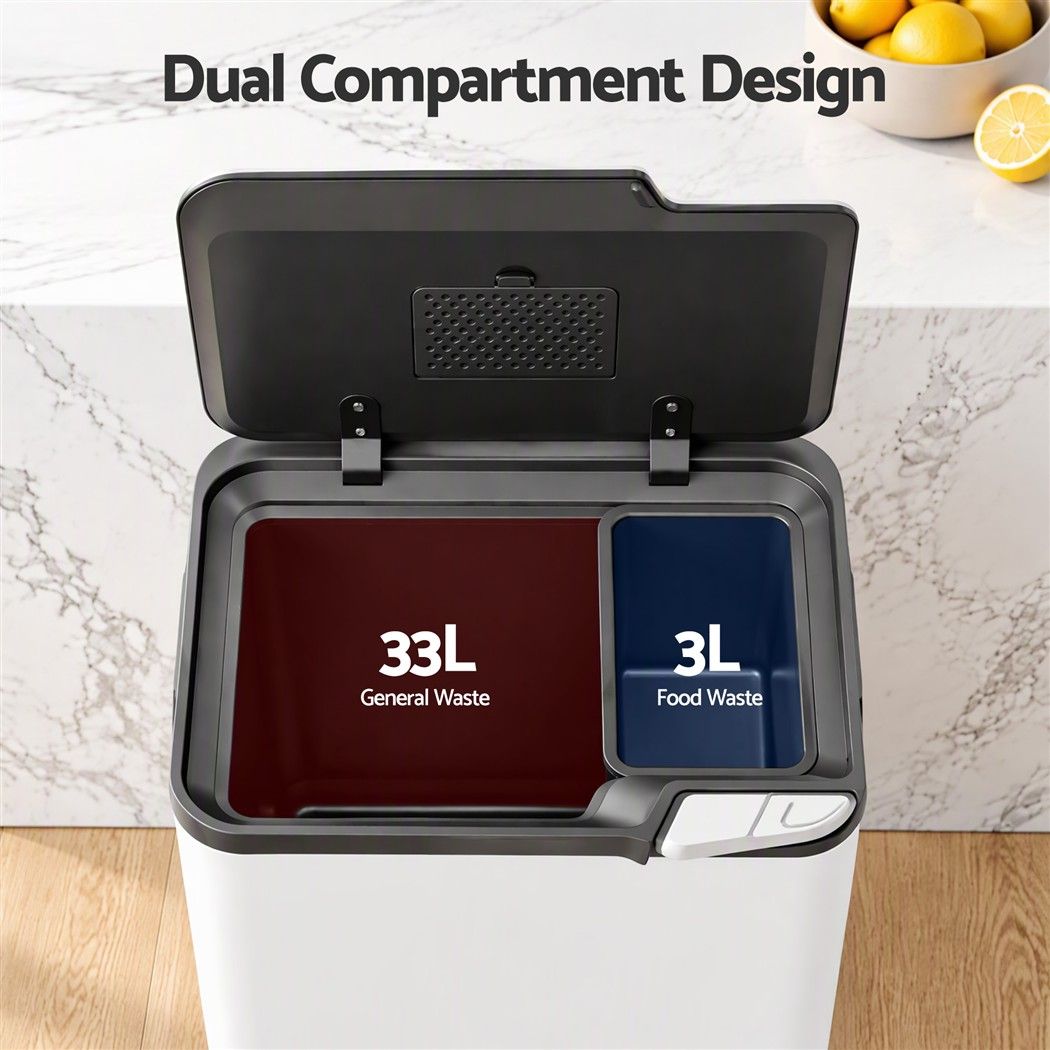 Cefito 36L Rubbish Bin Dual Compartment Kitchen Waste Bin Removable Legs White