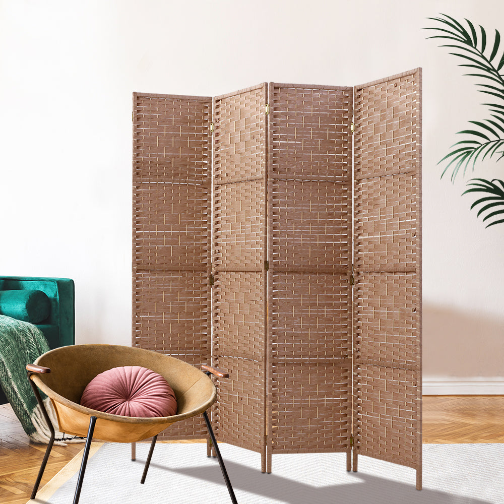 4 Panel Room Divider Screen 163x170cm Hand Woven Rattan