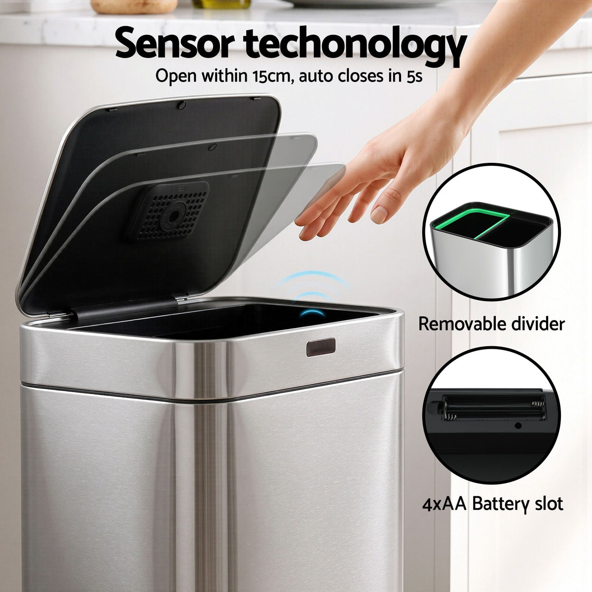 Devanti 70L Motion Sensor Bin Pedal Bins Automatic Siver