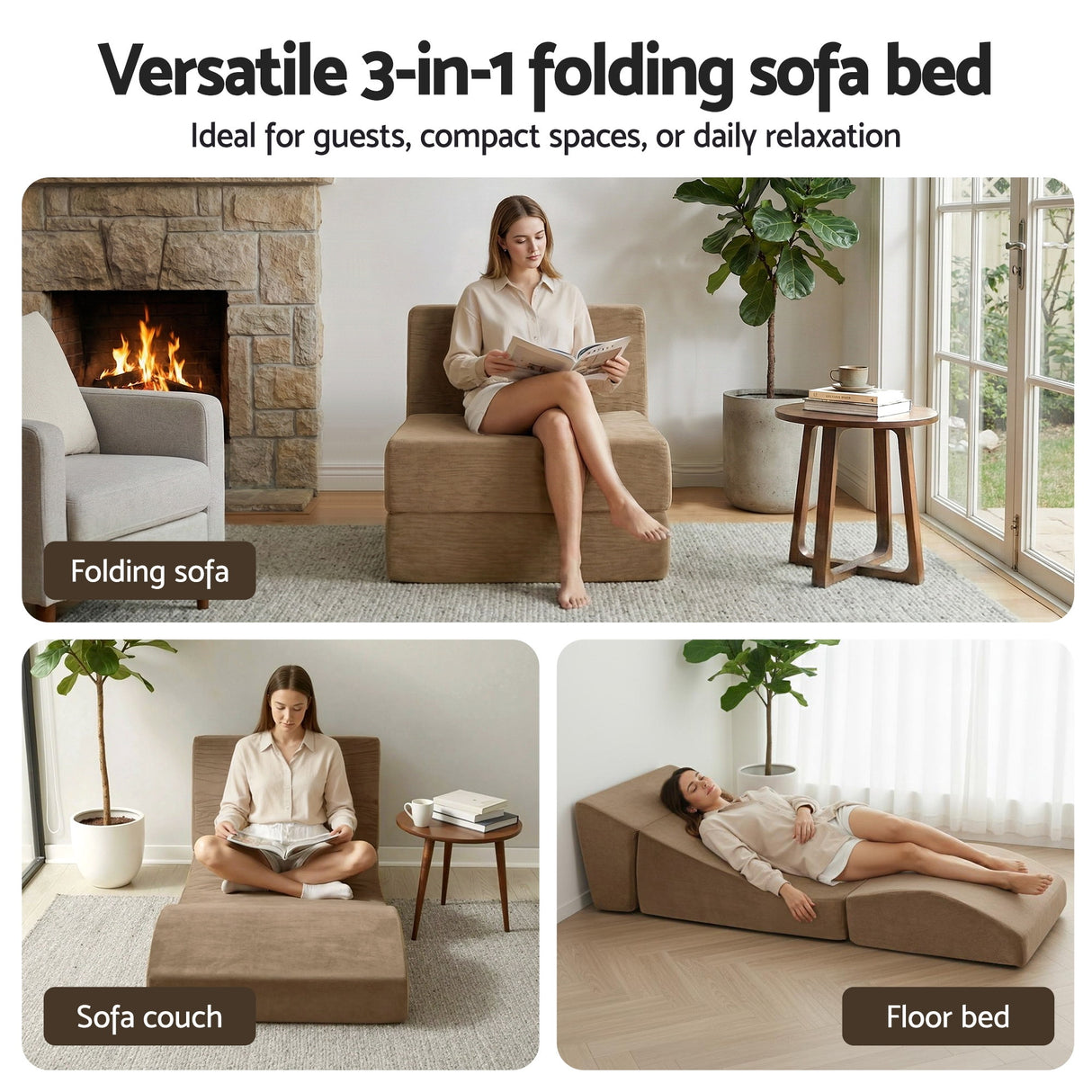 Artiss Folding Sofa Bed Convertible Armless Foam Floor Futon Lounger Couch Brown