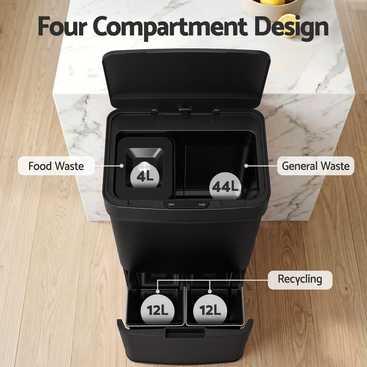 Devanti 72L Sensor Bin Rubbish Bins 4-in-1 Compartment Stainless Steel Trash Can Black
