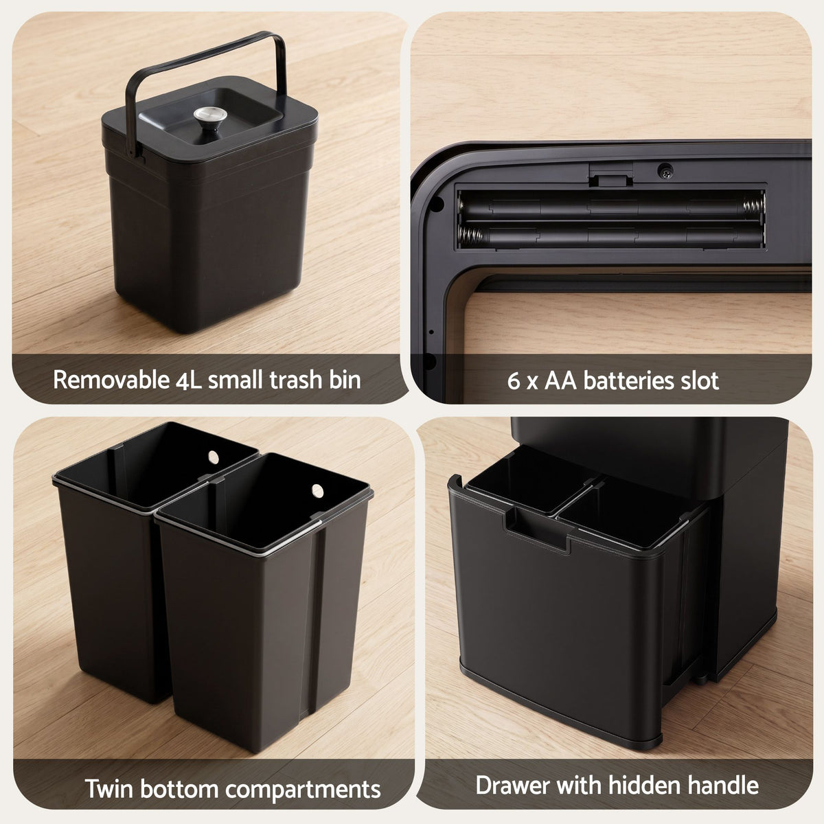 Devanti 72L Sensor Bin Rubbish Bins 4-in-1 Compartment Stainless Steel Trash Can Black