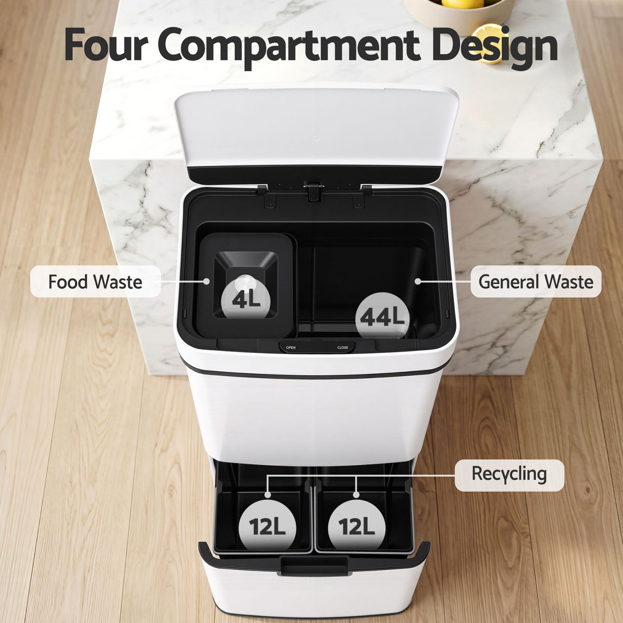 Devanti 72L Sensor Bin Rubbish Bins 4-in-1 Compartment Stainless Steel Trash Can White
