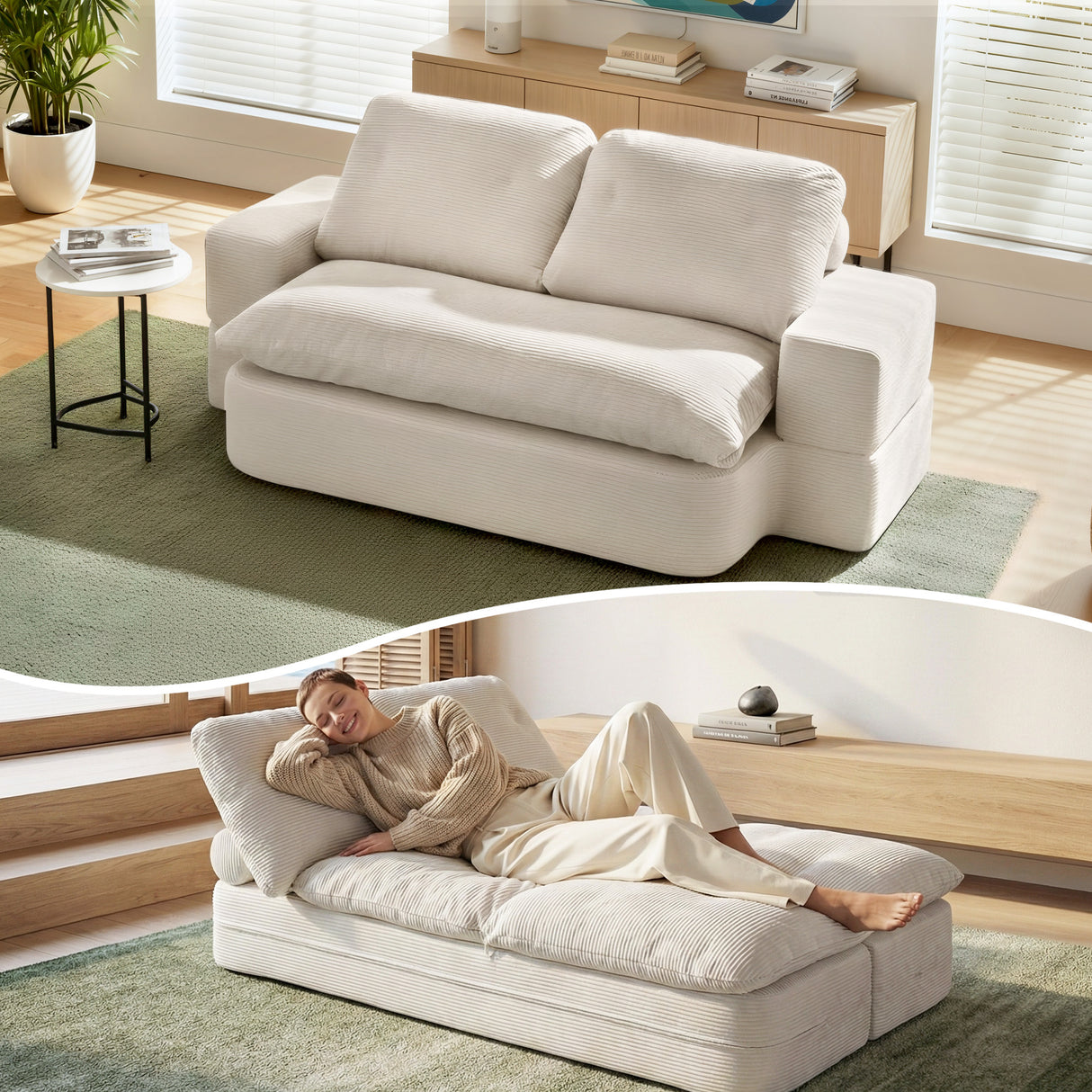 Artiss Convertible Folding Sofa Bed 30D High-Density Foam Boneless Couch with Corduroy Sleeper Couch Lounger for Living Room Beign