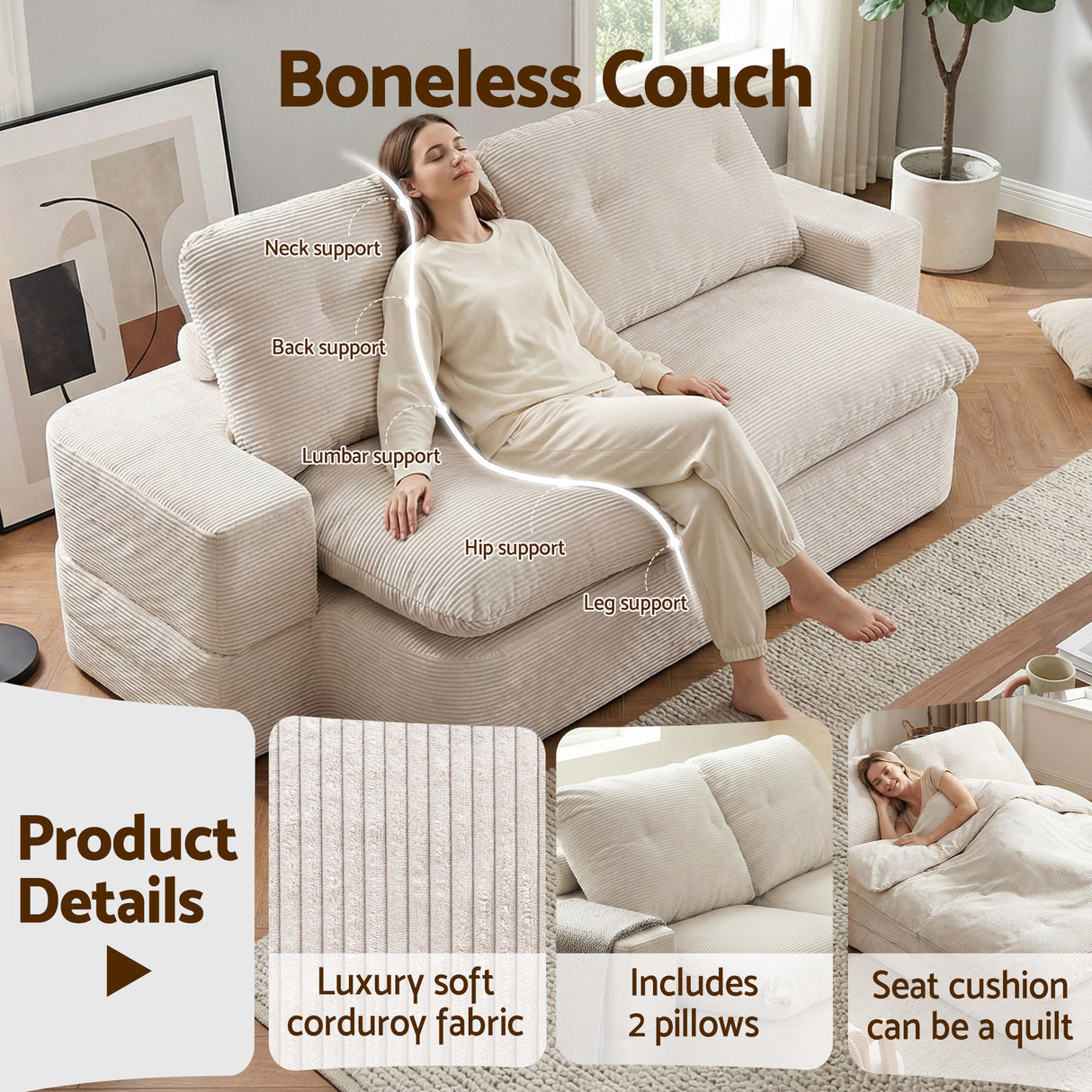 Artiss Convertible Folding Sofa Bed 30D High-Density Foam Boneless Couch with Corduroy Sleeper Couch Lounger for Living Room Beign