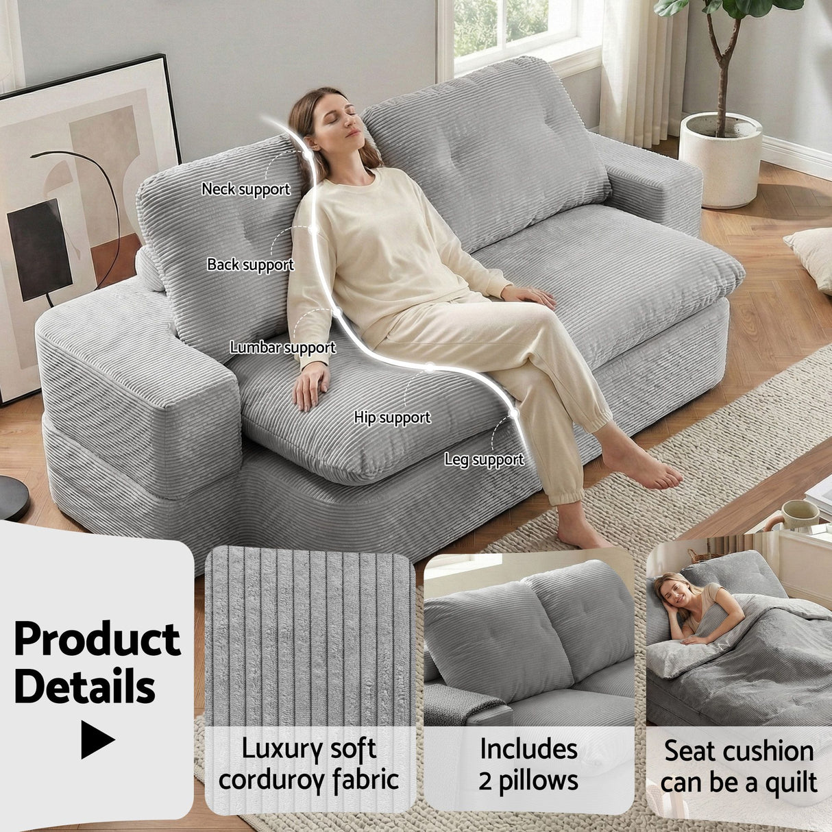 Convertible Folding Sofa Bed in Corduroy Grey