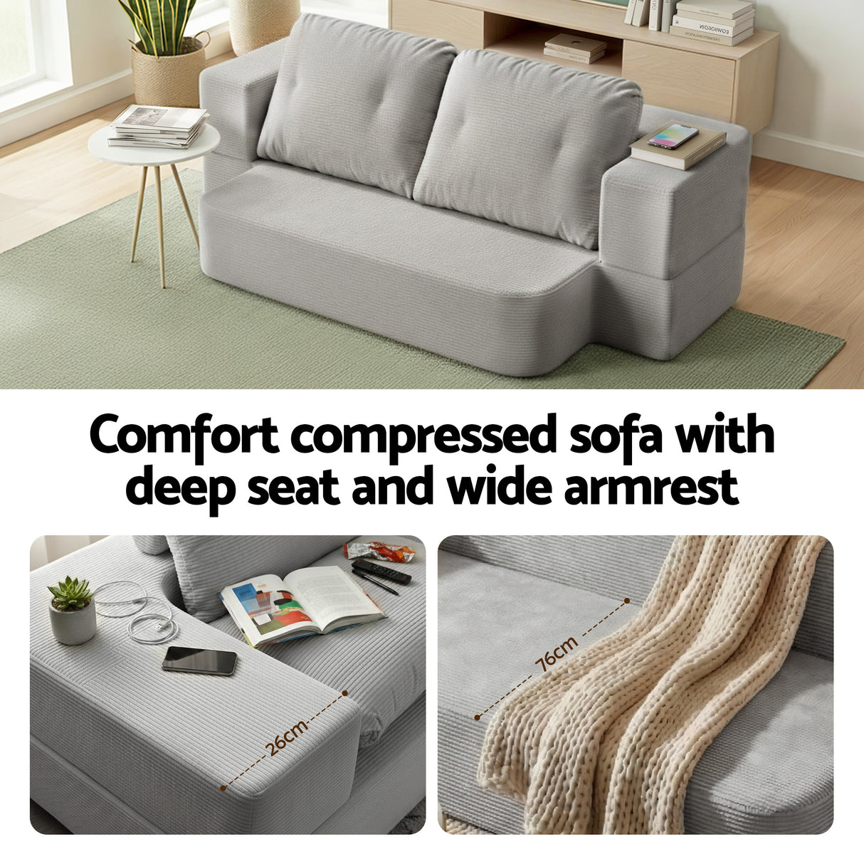 Artiss Convertible Folding Sofa Bed 30D High-Density Foam Boneless Couch with Corduroy Sleeper Couch Lounger for Living Room Grey