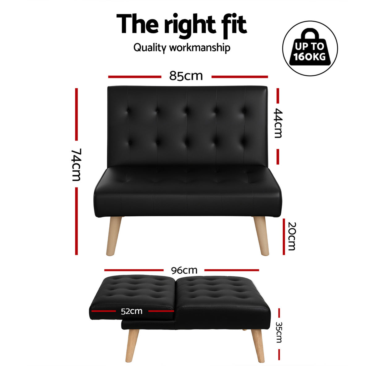 Artiss Sofa Bed Couch 2 Seater Lounge Fabric Black