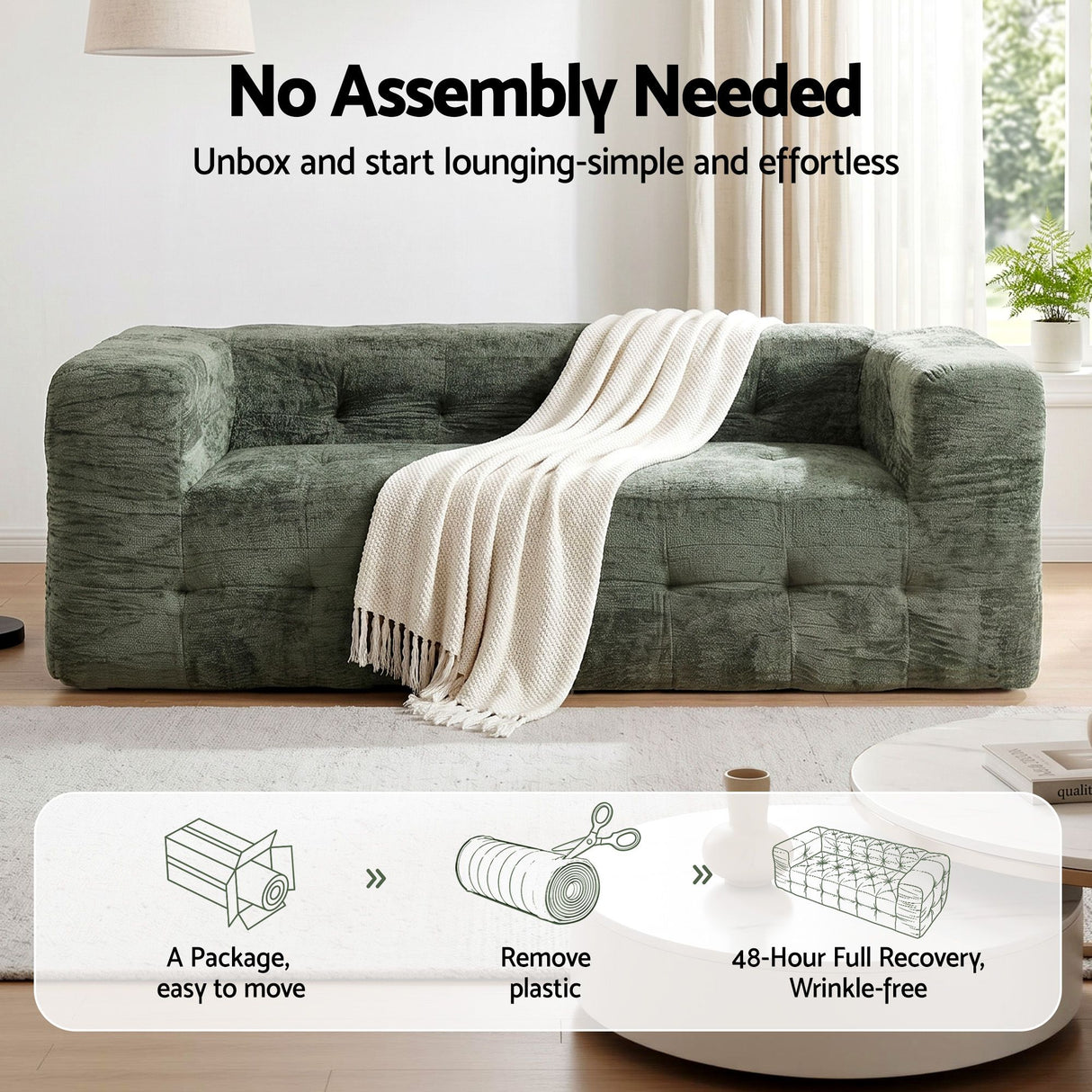 Artiss Comfort Boneless Sofa for Living Room Green Luxury Chenille