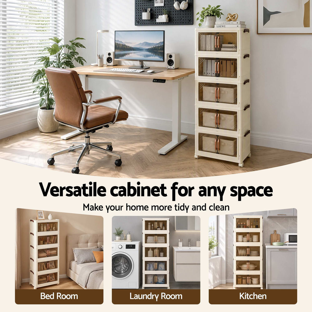 Artiss 5-Tier Foldable Storage Cabinet Stackable Box Clear Magnetic Door White