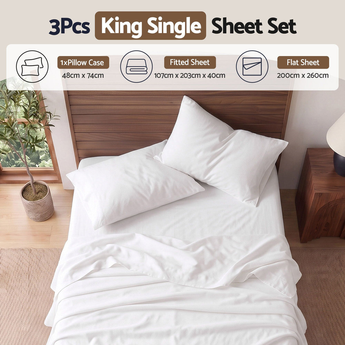 Giselle Kingsingle 500TC Cotton 4Pcs Sheet Set with 40cm Extra Deep Pocket for Thick Mattresses Sateen Weave for Sweaty Nights White