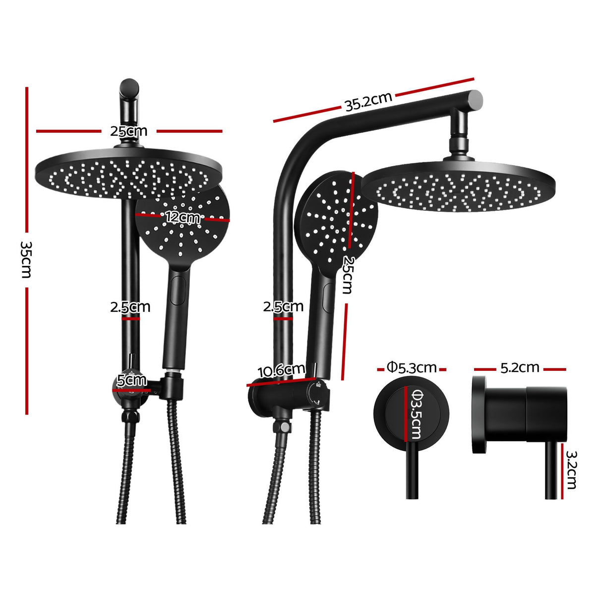 Cefito 9'' Rain Shower Head Set Handheld Round High Pressure Twins Tap Chrome