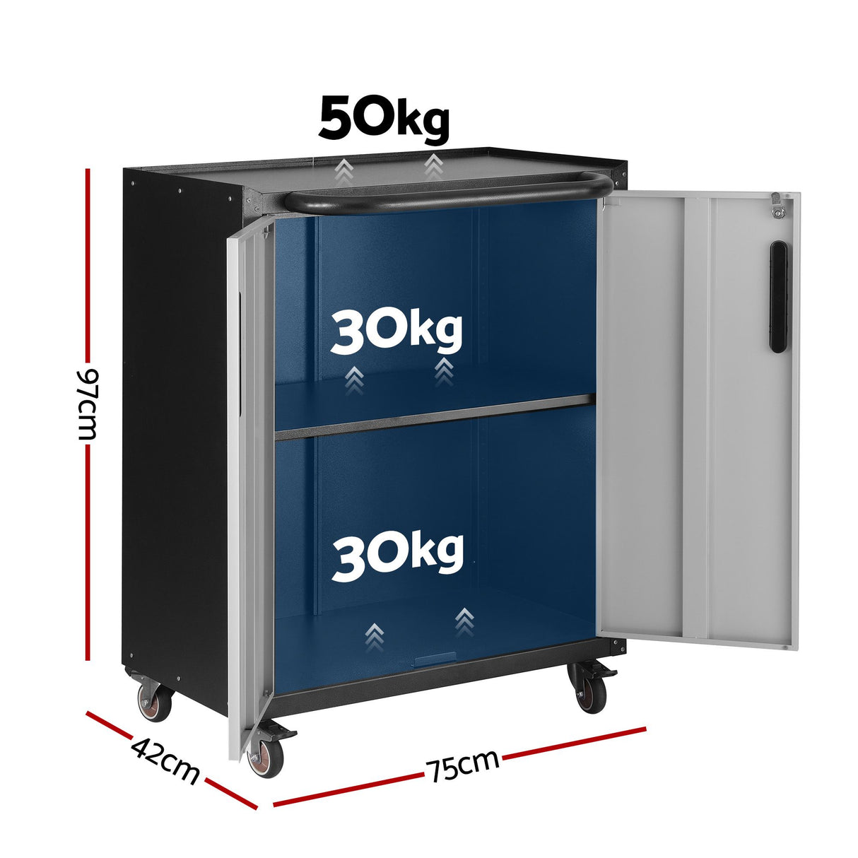 Giantz Rolling Tool Cabinet Heavy-Duty Storage Cabinet Adjustable Shelf Black and Grey