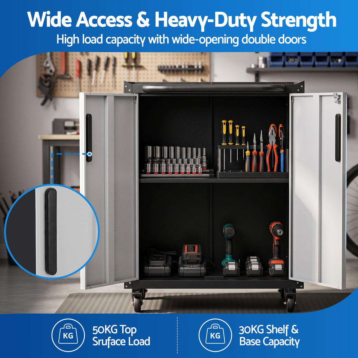 Giantz Rolling Tool Cabinet Heavy-Duty Storage Cabinet Adjustable Shelf Black and Grey
